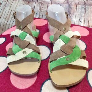 Nine West Brown/Green/Cream Leather Sandals w/Brass Studs Size 10M